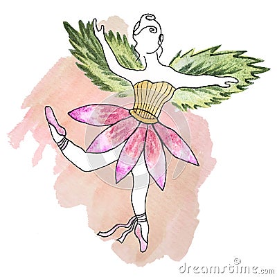 Watercolor picture of a dancing fairy girl in pink colors. Faceless ballerina in a pale purple flower tutu and with green wings- Stock Photo