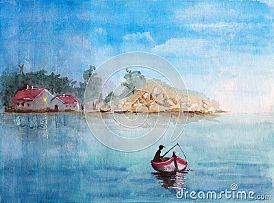 Watercolor fisher in a fishing boat on the river at dusk Stock Photo