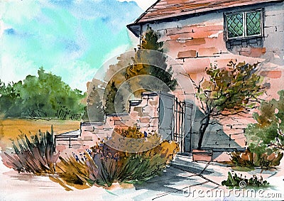 Watercolor picture of an old beautiful stone house with a climbing plant Stock Photo