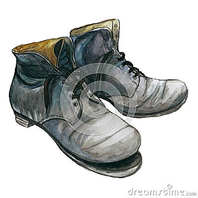 Watercolor picture of old ragged shoes, black and white on white background, for decoration, illustration Vector Illustration