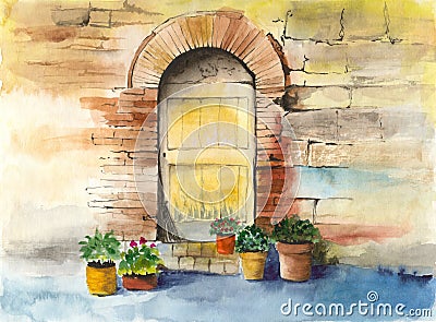 Watercolor old vintage door, brick wall and some colorful home plants Stock Photo