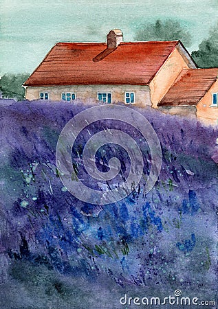 Watercolor picture of purple lavender field with a big house Stock Photo