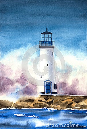 Watercolor picture of the Santa Cruz Breakwater Walton Lighthouse Stock Photo