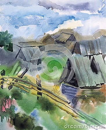 Watercolor picture of a Siberian village Stock Photo