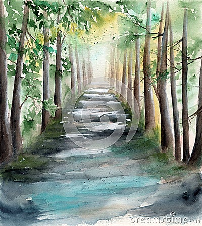 Watercolor picture of a sunlit forest Stock Photo