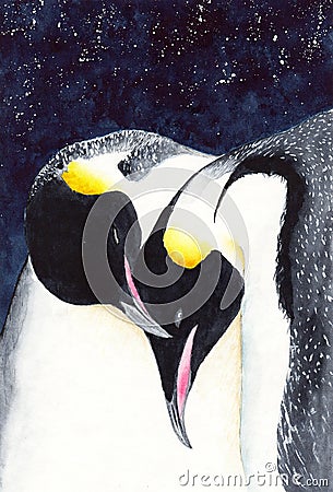 Watercolor picture of two black emperor penguins Stock Photo