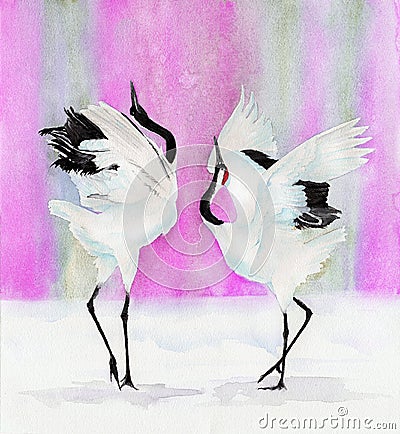 Watercolor picture of a two red-crowned japanese cranes Stock Photo