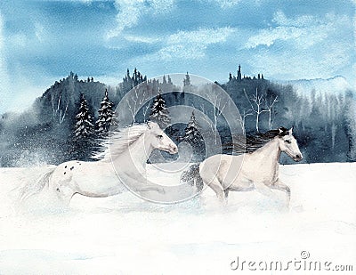 Watercolor picture of two white horses Stock Photo