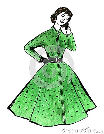 Watercolor picture - young woman in retro style dress Stock Photo