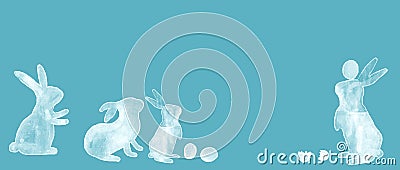 Watercolor pictures of rabbit groups playing eggs, Easter design with cute bunny Cartoon Illustration