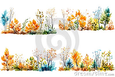 Watercolor pictures of trees in different seasons. Generative AI Stock Photo