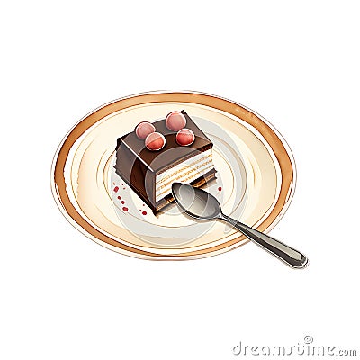 Watercolor piece of chocolate cake with cherry Stock Photo