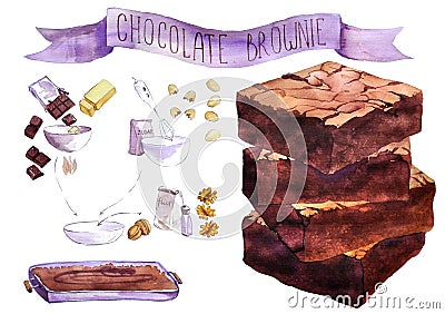 Watercolor pieces of chocolate brownie Cartoon Illustration