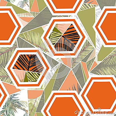 Watercolor pieces of palm leaves and orange hexagon seamless pattern ilustration. tropical background Stock Photo