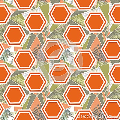 Watercolor pieces of palm leaves and orange hexagon seamless pattern ilustration. tropical background Stock Photo