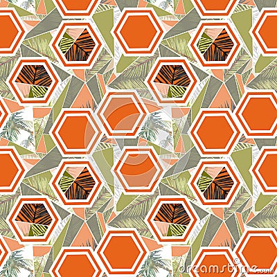 Watercolor pieces of palm leaves and orange hexagon seamless pattern ilustration. tropical background Stock Photo