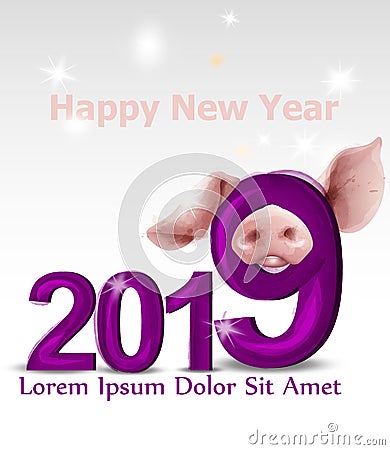 2019 Watercolor Pig year card Vector. Snowy blurry background. Happy New Year holiday events Vector Illustration