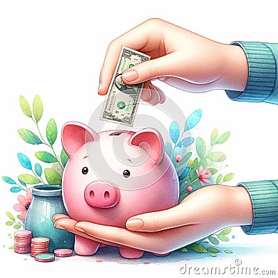 Watercolor Piggy Bank on white background, isolated Stock Photo