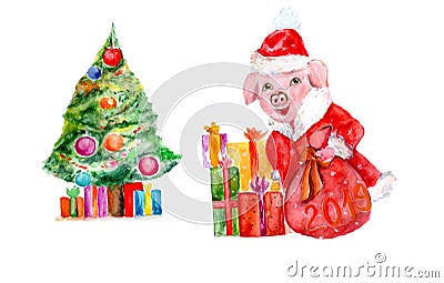 Watercolor piggy symbol of the New Year in the image of Santa Claus Stock Photo