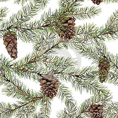 Watercolor pine tree seamless pattern. Hand painted fir branch with pine cone isolated on white background. Botanical Cartoon Illustration