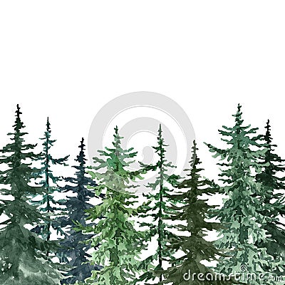 Watercolor pine trees background. Banner with hand painted spruce forest, isolated. Winter wonderland illustration for Christmas Cartoon Illustration