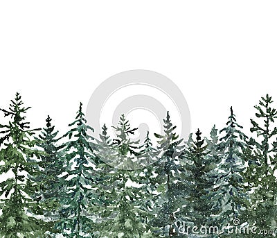 Watercolor pine trees landscape illustration. Winter snowy forest. hand drawn graphic Cartoon Illustration