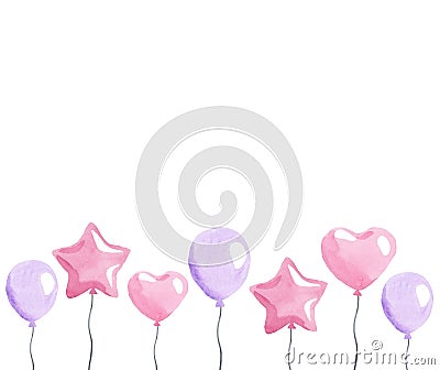 Watercolor pink balloons border isolated on white background Stock Photo