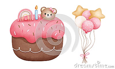 Watercolor pink balloons bunches and birthday cake illustration.Birthday party decoration Cartoon Illustration
