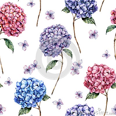 Watercolor pink and blue hydrangea seamless pattern. Hand painted blue, violet, pink flowers with leaves and branch Cartoon Illustration