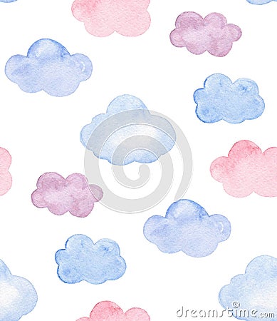 Watercolor pink, blue and purple clouds. Kids and baby pattern Stock Photo