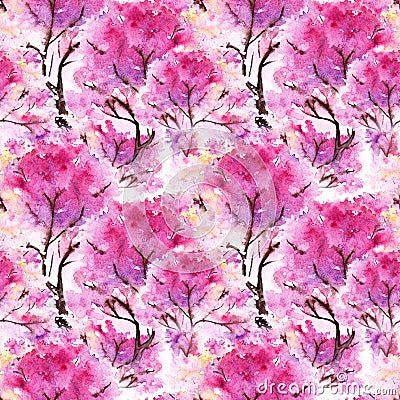 Watercolor pink cherry sakura seamless pattern texture background Stock Photo