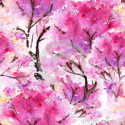 Watercolor pink cherry sakura seamless pattern texture background Stock Photo