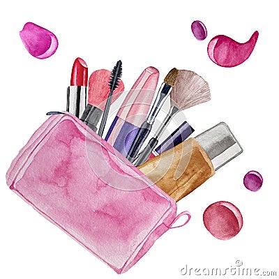 Watercolor pink cosmetics bag with make up artist objects lipstick, eye shadows, eyeliner, concealer, nail polish, mascara Stock Photo