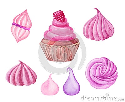 Watercolor pink cupcake with berry and marshmellaw and merengues on white background Stock Photo