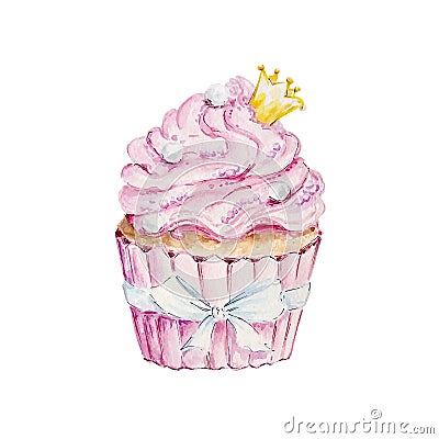 Watercolor pink cupcake with yellow crown Stock Photo