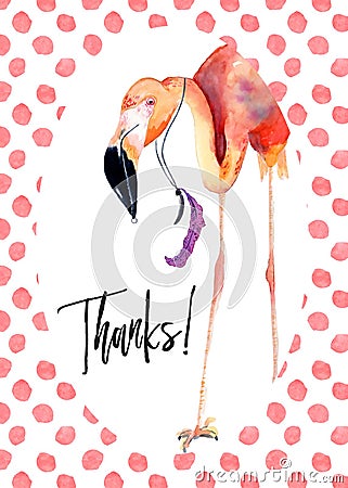 Watercolor pink Flamingo Thank you card Cartoon Illustration