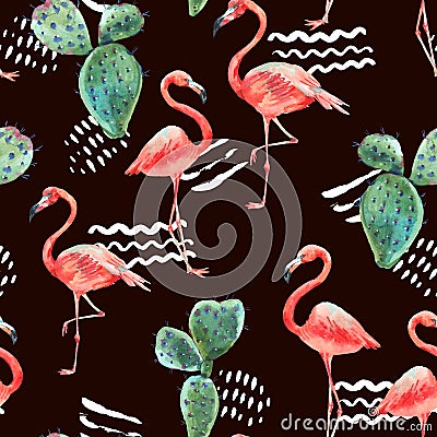 Watercolor pink flamingo and tropical flowers seamless pattern Cartoon Illustration