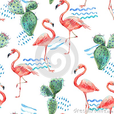 Watercolor pink flamingo and tropical flowers seamless pattern Cartoon Illustration