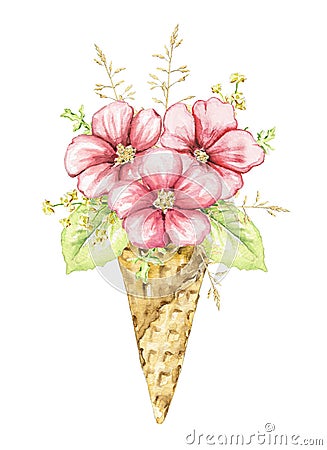 Watercolor pink flowers in waffle cone Cartoon Illustration