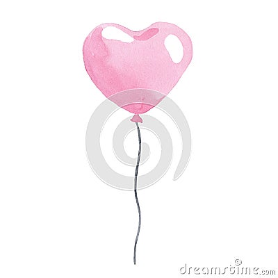 Watercolor pink heart balloon with string isolated on white background Stock Photo