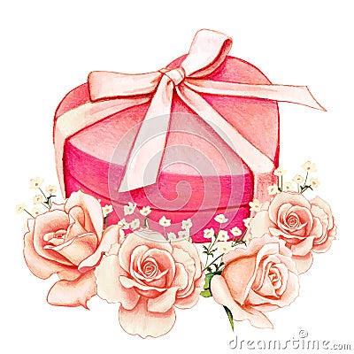 Watercolor pink heart shaped gift box and peach roses Vector Illustration