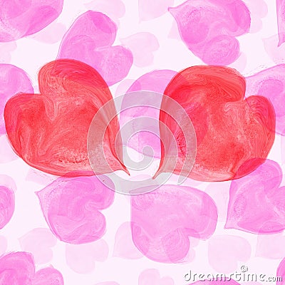 Watercolor pink hearts seamless pattern. Stock Photo