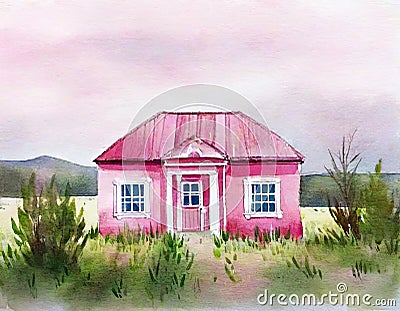 Watercolor of Pink house in the middle of nowhere Stock Photo