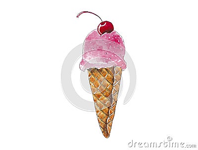 Watercolor waffle cone with ice cream and cherry Stock Photo