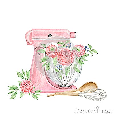 Watercolor pink mixer for creating diy bakery logo Cartoon Illustration