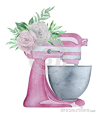 Watercolor pink pastry planetary mixer with flowers and greenery. Bakery illustration for invitation, pastry, menu, logos Cartoon Illustration