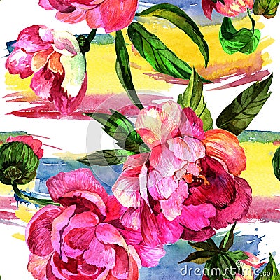 Watercolor pink peony flower. Floral botanical flower. Seamless background pattern. Stock Photo