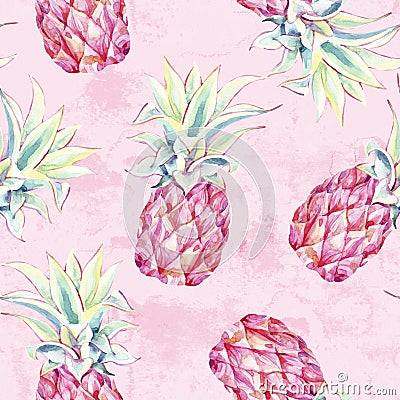 Watercolor pink pineapples on grunge background. Artistic tropical fruit seamless pattern Cartoon Illustration