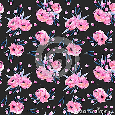 Watercolor pink poppies bouquets seamless pattern Stock Photo