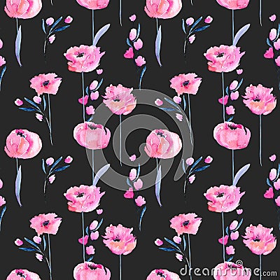 Watercolor pink poppies and floral branches seamless pattern Stock Photo